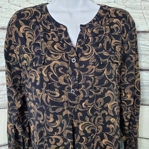 Christopher & Banks Women’s Black Tan Print Button Blouse Long Sleeve XL - Picture 2 of 6